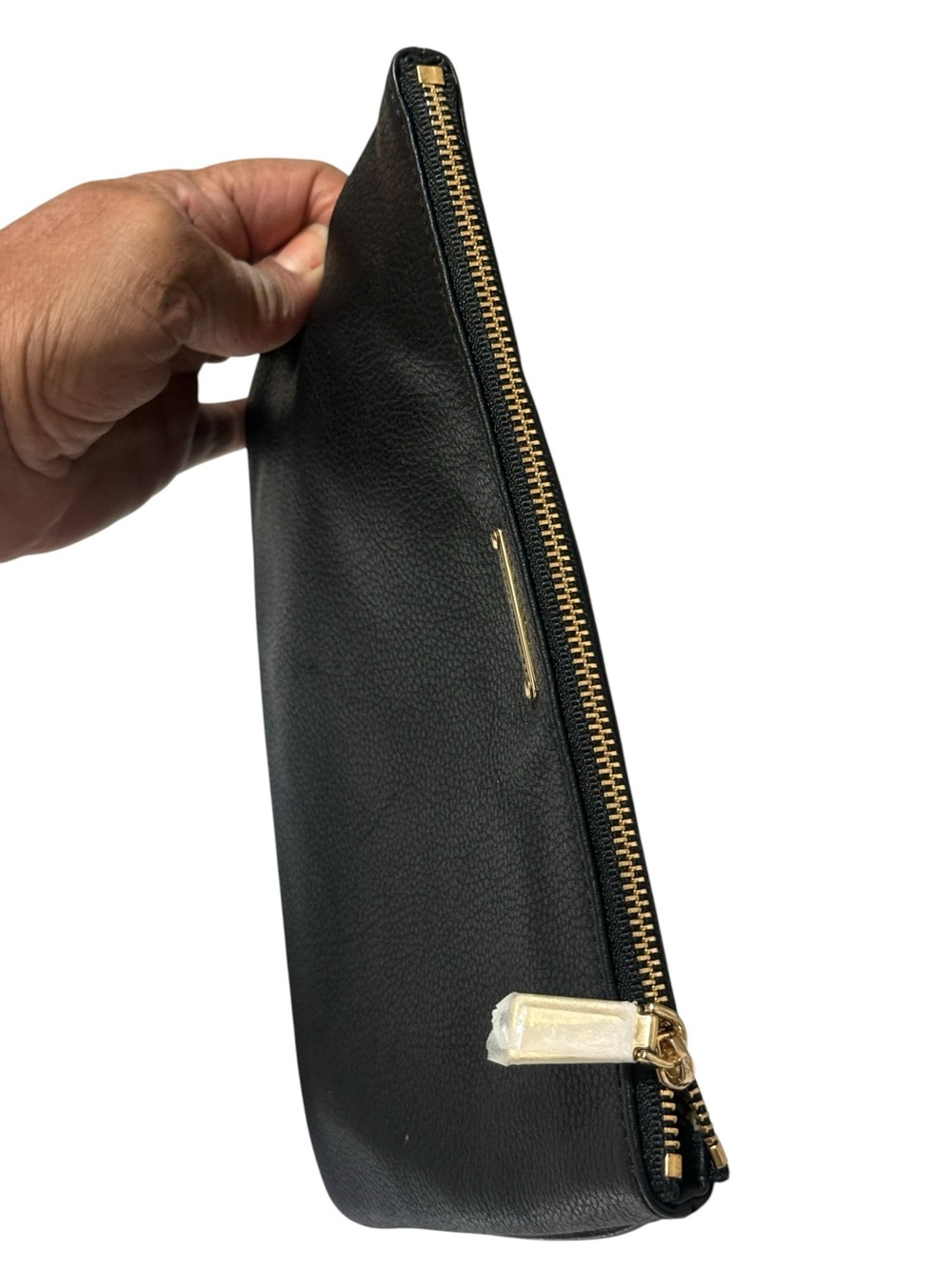 Black Leather Zip Pouch with Gold Plate - Picture 3 of 7